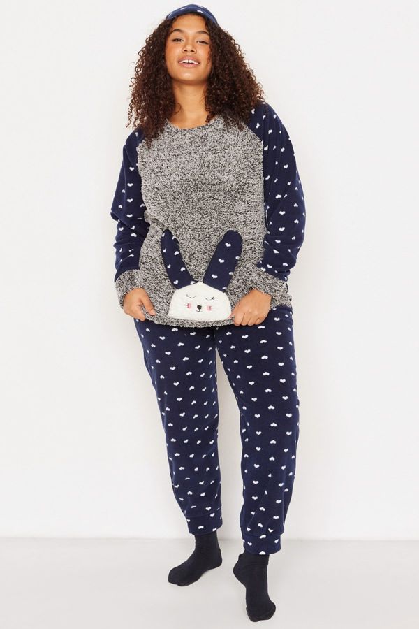 Trendyol Trendyol Curve Navy Blue Heart Polar Fleece Knitted Pajama Set