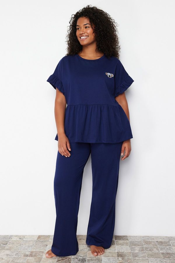 Trendyol Trendyol Curve Navy Blue Knitted Pajamas with Embroidery and Ruffles