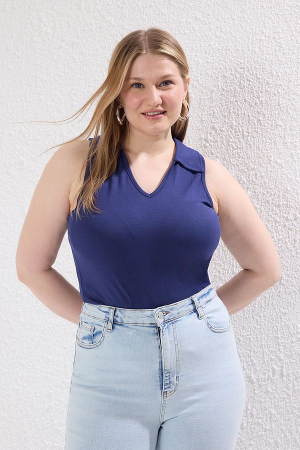 Trendyol Trendyol Curve Navy Blue Ribana/Casino Knit Plus Size Blouse