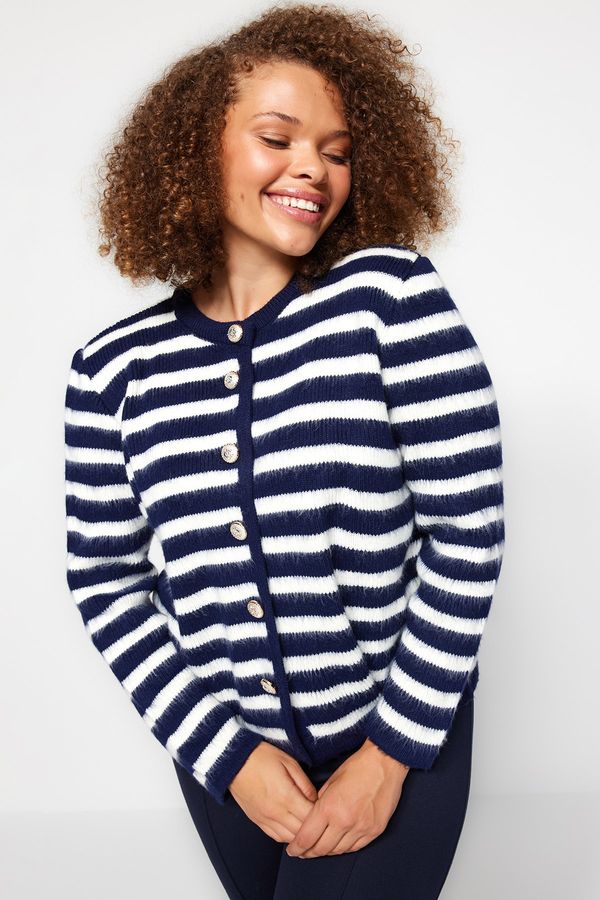 Trendyol Trendyol Curve Navy Blue Soft Texture Striped Knitwear Cardigan