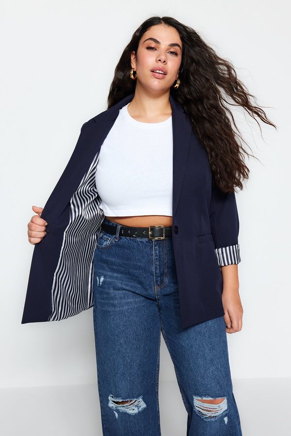 Trendyol Trendyol Curve Navy Blue Stripe Lining Detailed Woven Jacket
