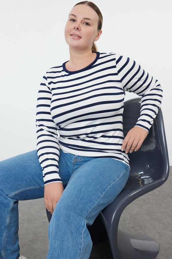 Trendyol Trendyol Curve Navy Blue Striped Premium Viscose Soft Fabric Fitted Flexible Knitted Plus Size Blouse