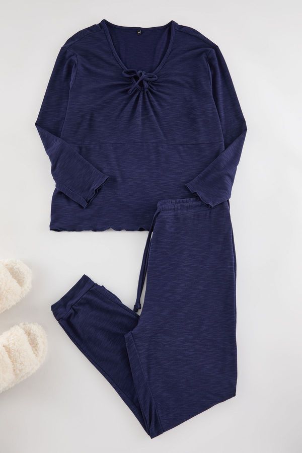 Trendyol Trendyol Curve Navy Blue U-Neck Tie-up Knitted Pajamas Set