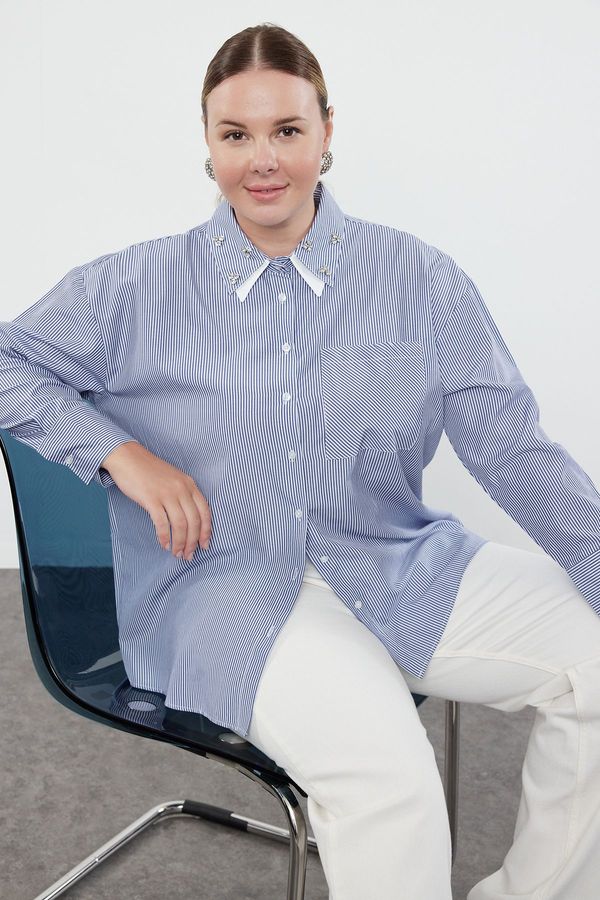 Trendyol Trendyol Curve Navy Blue White Striped Stone Double Collar Plus Size Shirt
