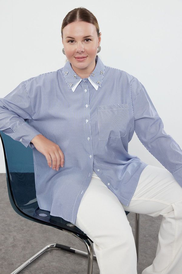 Trendyol Trendyol Curve Navy Blue White Striped Stone Embroidered Double Collar Pocket Plus Size Shirt