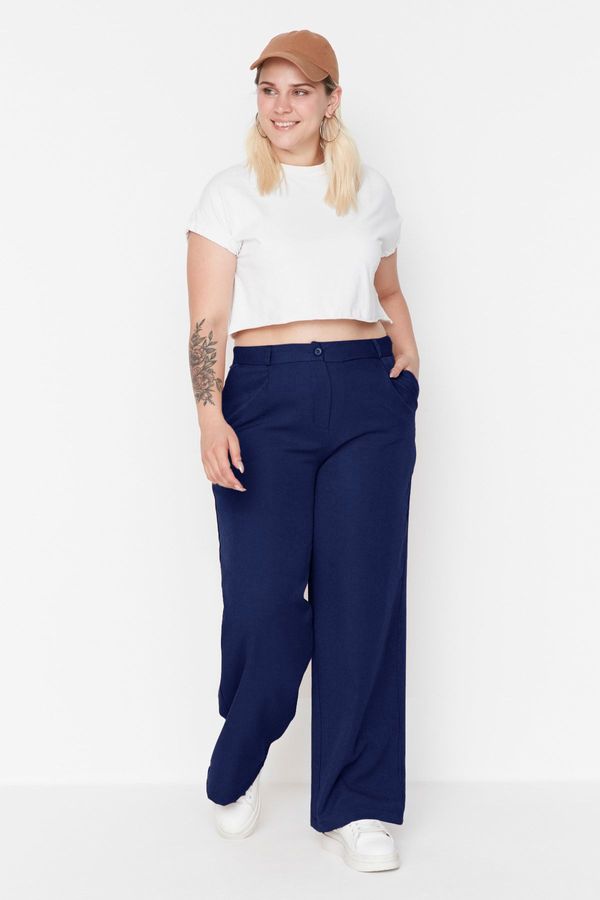 Trendyol Trendyol Curve Navy Blue Wide Leg/Wide Leg Woven Plus Size Fabric Trousers