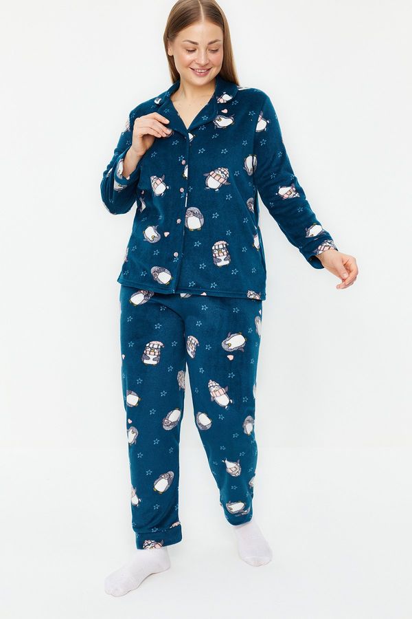 Trendyol Trendyol Curve Oil Penguin Patterned Shirt Collar Knitted Pajama Set