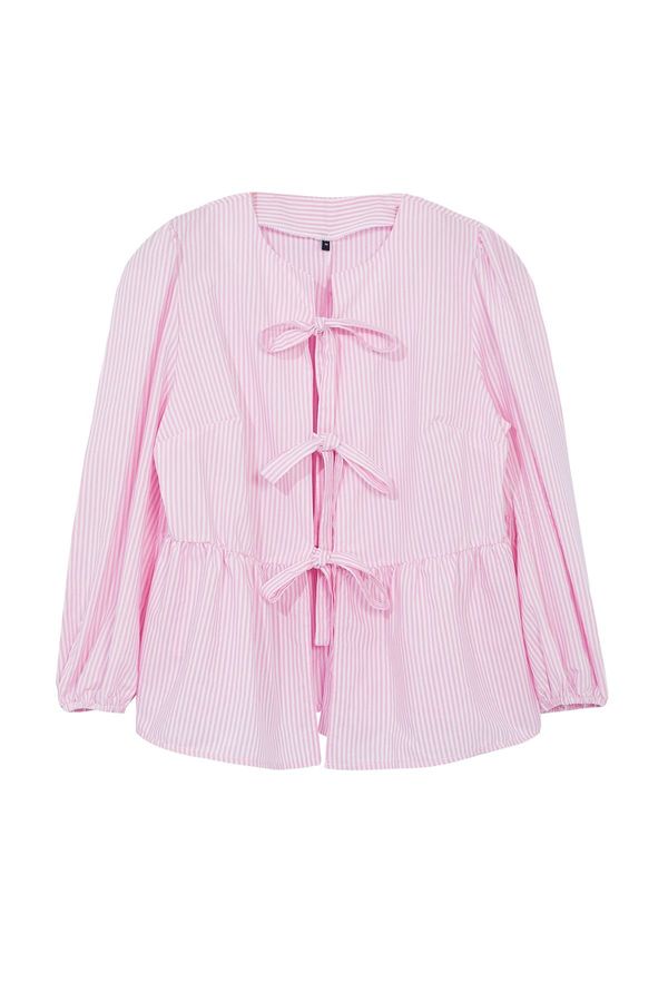 Trendyol Trendyol Curve Pink Bow Tie Striped Long Sleeve Woven Plus Size Shirt