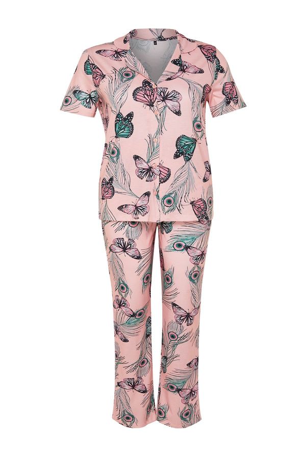 Trendyol Trendyol Curve Pink Butterfly Patterned Shirt Collar Knitted Pajama Set