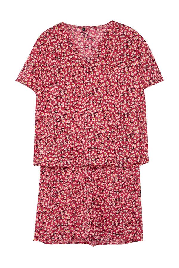 Trendyol Trendyol Curve Pink Flower Patterned V-Neck Knitted Pajama Set