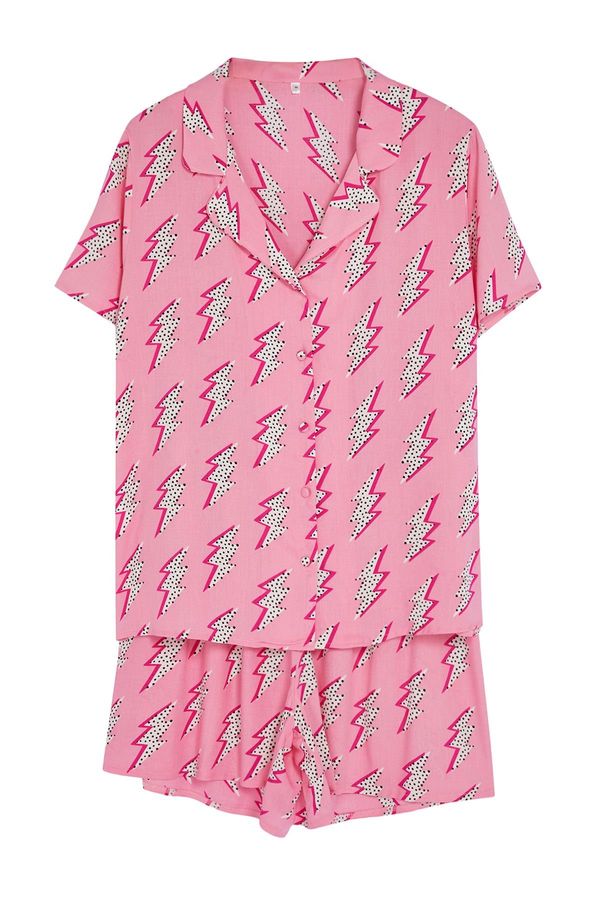 Trendyol Trendyol Curve Pink Patterned Shirt Collar Woven Pajama Set
