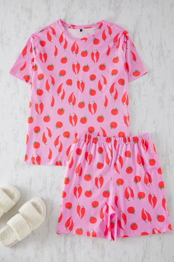 Trendyol Trendyol Curve Pink Pepper Patterned Knitted Pajama Set