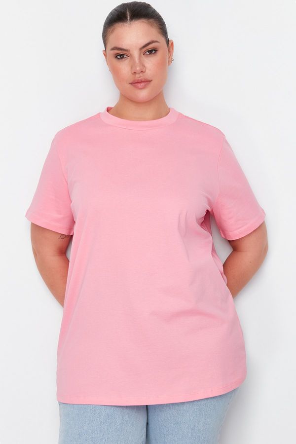 Trendyol Trendyol Curve Pink Ribbed Collar Boyfriend 100% Cotton Knitted T-shirt