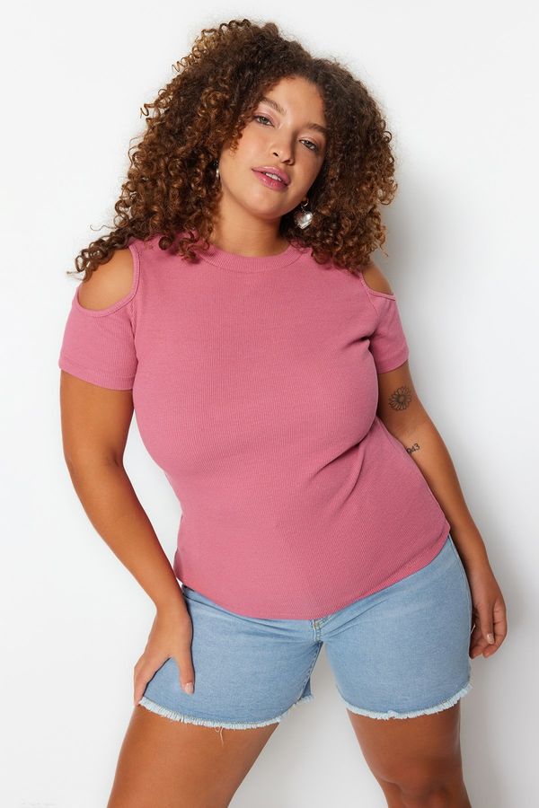 Trendyol Trendyol Curve Pink Ribbed Knitted Cut Out Detailed Blouse