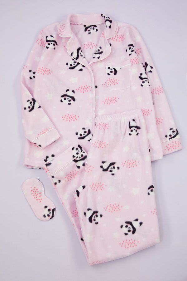 Trendyol Trendyol Curve Pink Shirt Collar Panda Patterned Knitted Pajama Set