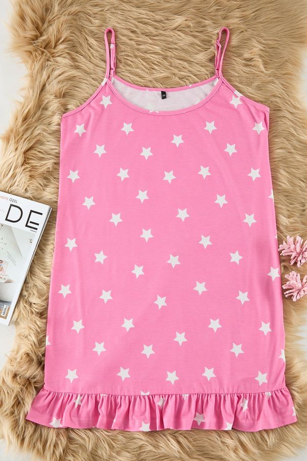 Trendyol Trendyol Curve Pink Strappy Star Patterned Mini Knitted Nightgown