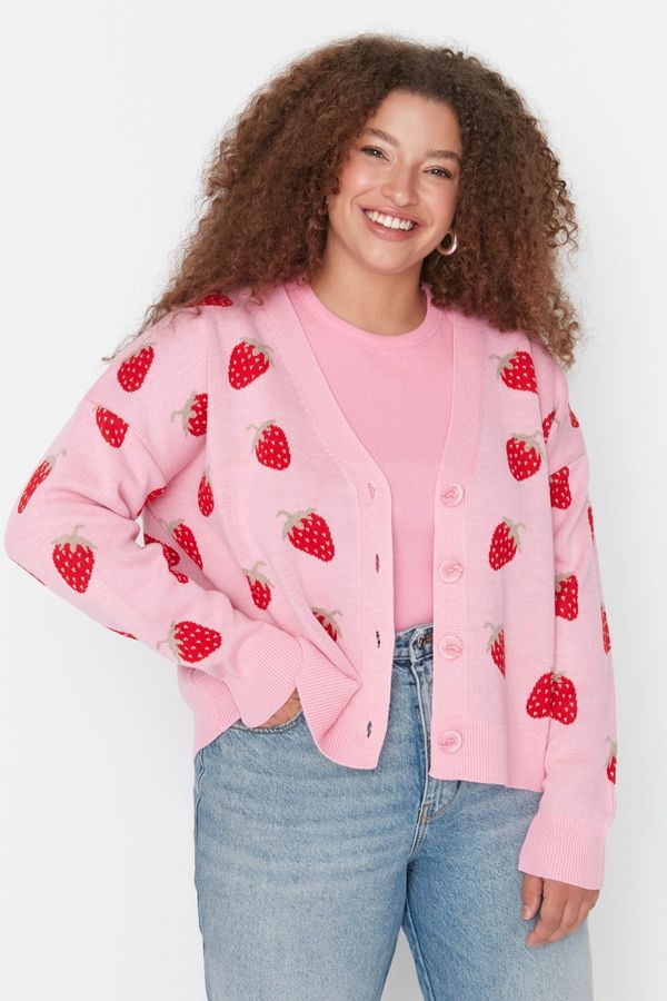 Trendyol Trendyol Curve Pink Strawberry Patterned V Neck Knitwear Cardigan