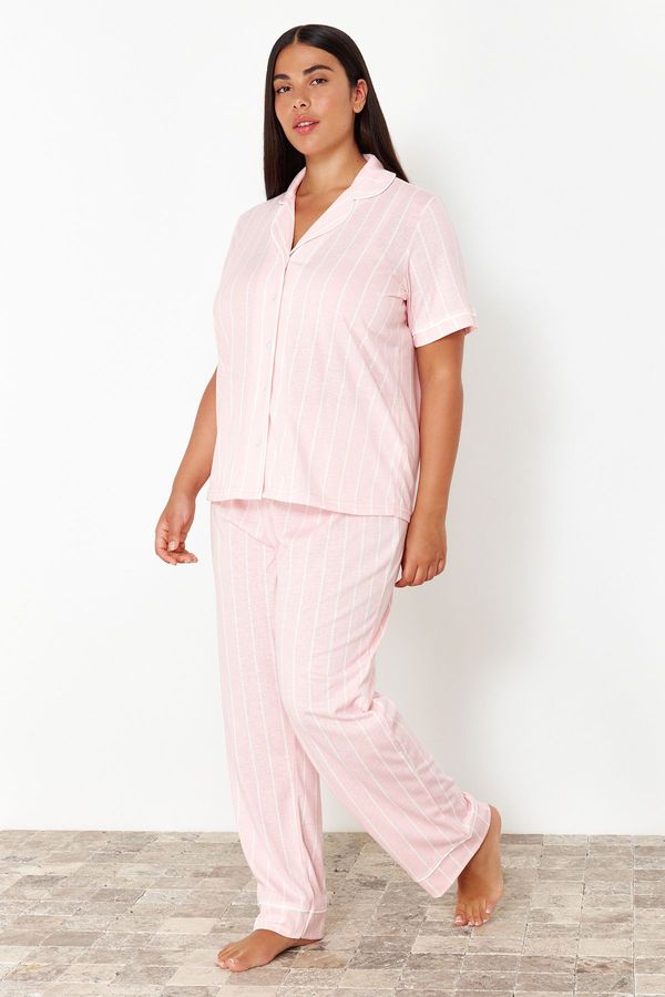 Trendyol Trendyol Curve Pink Striped Shirt Collar Knitted Pajama Set