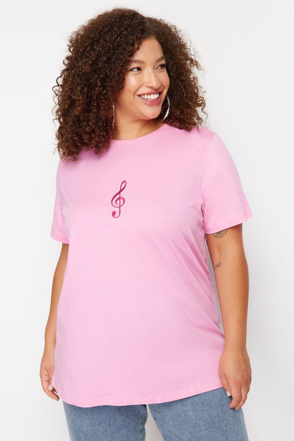 Trendyol Trendyol Curve Pink Wide Fit Knitted Embroidered T-Shirt