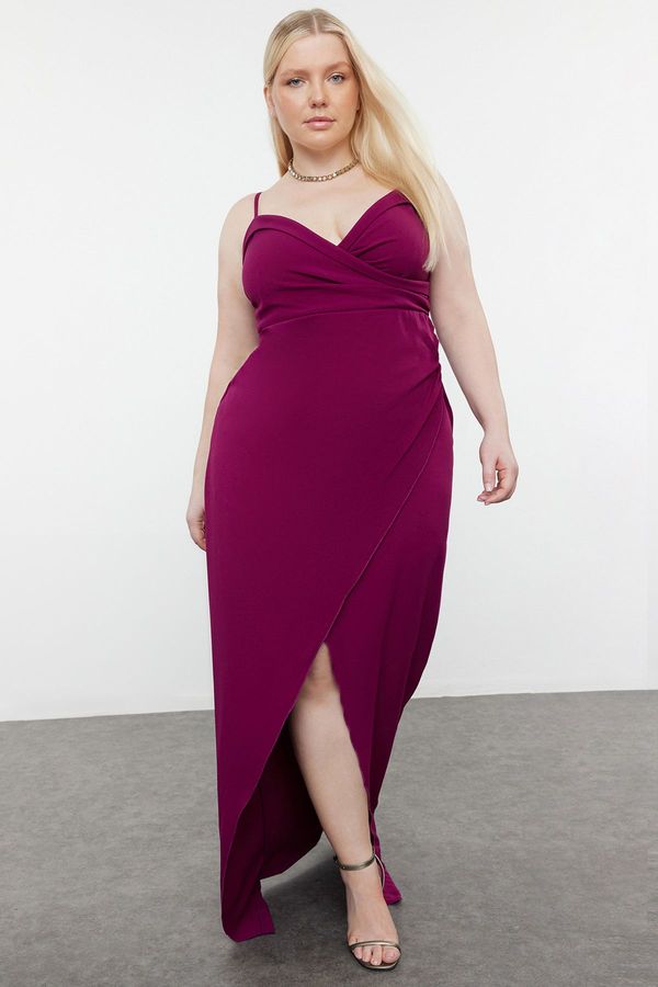 Trendyol Trendyol Curve Plum Double Breasted Slit Neck Long Lined Evening/Night/Graduation/Engagement Dress