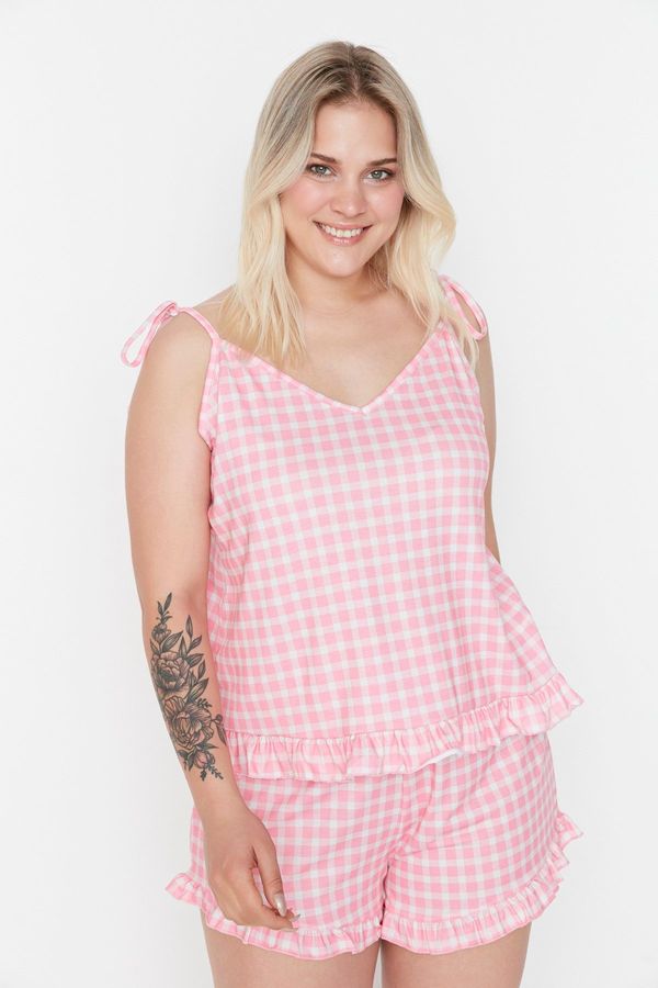 Trendyol Trendyol Curve Plus Size Knitted Pajamas with Printed Straps