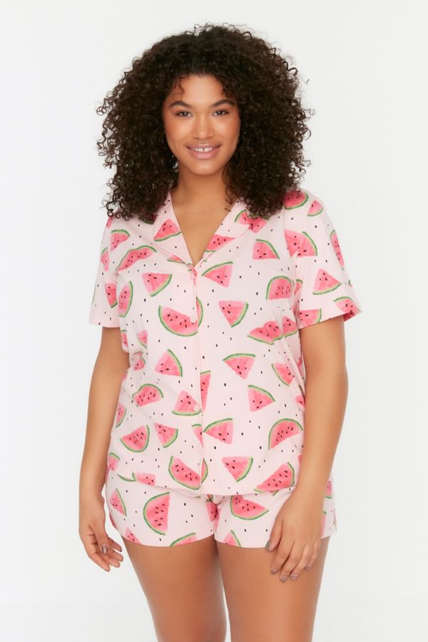 Trendyol Trendyol Curve Powder Printed Knitted Buttons Pajamas Set