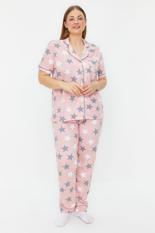 Trendyol Trendyol Curve Powder Star Pattern Shirt Collar Knitted Pajamas Set