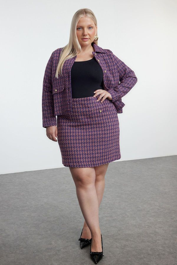 Trendyol Trendyol Curve Purple Gold Buttoned Plaid Tweed Mini Woven Plus Size Skirt