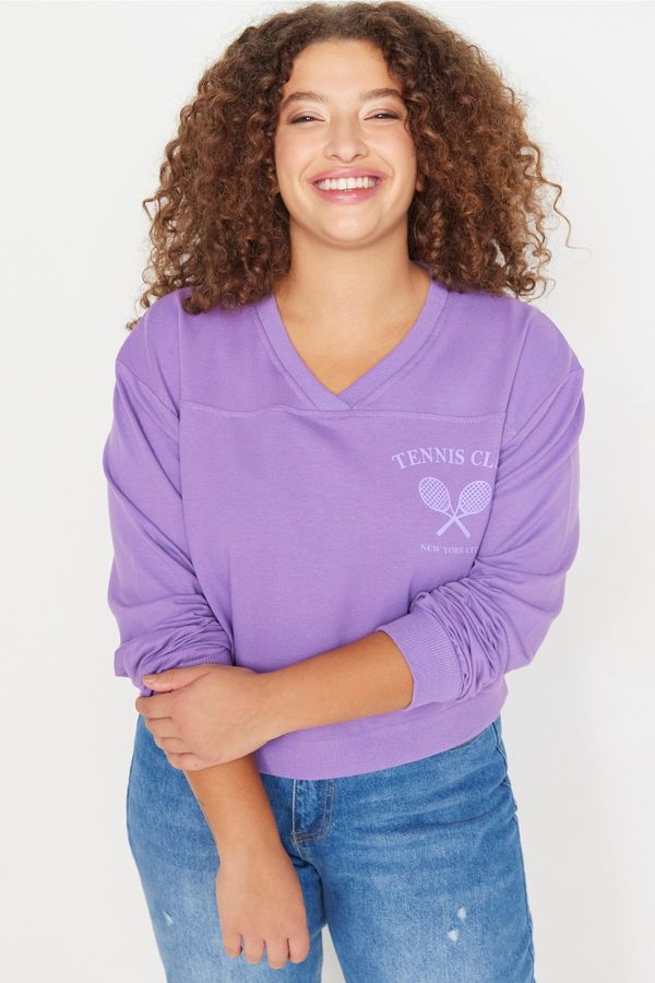Trendyol Trendyol Curve Purple Purple V-Neck Printed Thin Knitted Sweatshirt