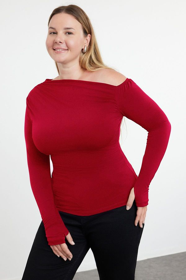 Trendyol Trendyol Curve Red Asymmetric Collar Sandy Knitted Plus Size Blouse