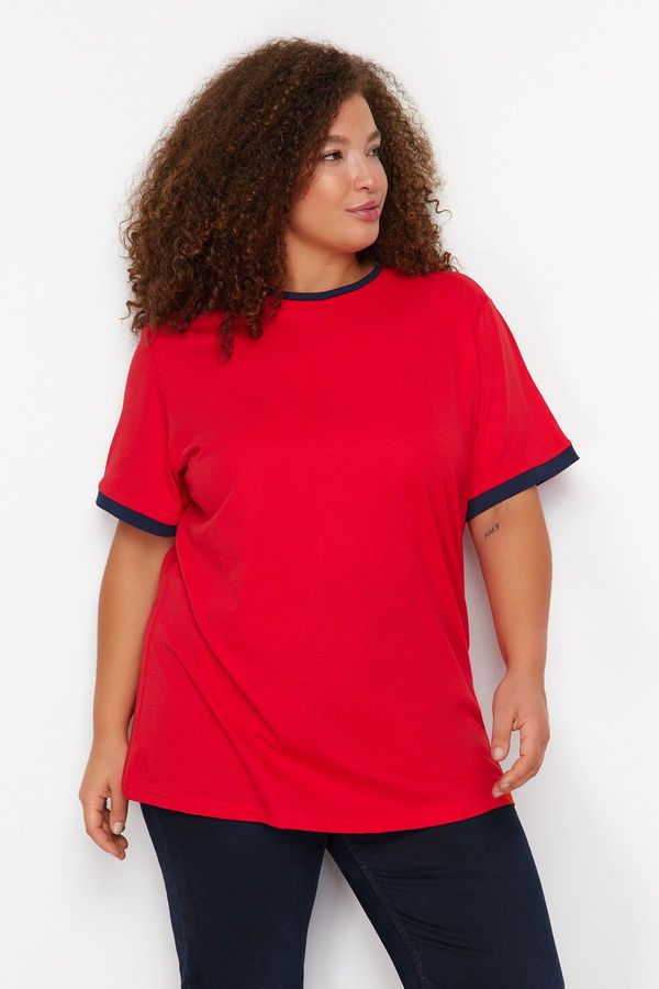 Trendyol Trendyol Curve Red Color Block Detailed Boyfriend Knitted T-shirt