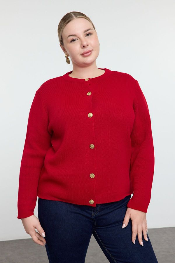 Trendyol Trendyol Curve Red Crew Neck Buttoned Knitwear Cardigan