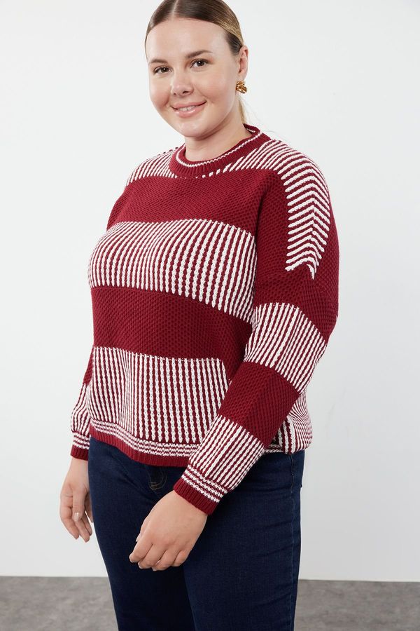 Trendyol Trendyol Curve Red-Ecru Striped Textured Crew Neck Knitwear Sweater