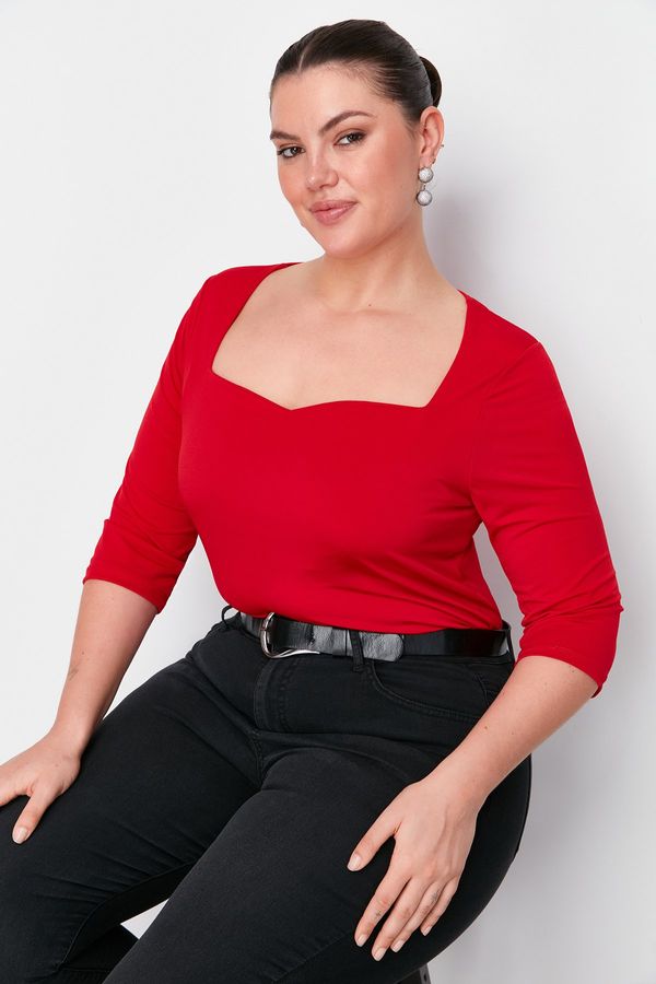 Trendyol Trendyol Curve Red Heart Neck Fitted Knitted Blouse