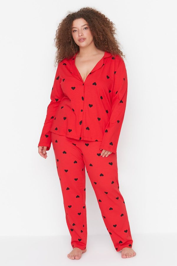 Trendyol Trendyol Curve Red Heart Shirt Collar Knitted Pajamas Set