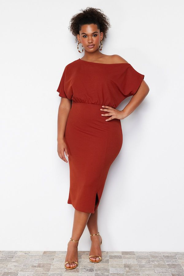 Trendyol Trendyol Curve Red One Shoulder Midi Knitted Dress