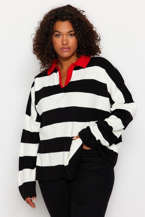 Trendyol Trendyol Curve Red Polo Neck Striped Knitwear Sweater