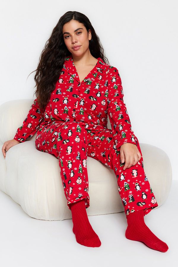 Trendyol Trendyol Curve Red Shirt Collar New Year Themed Knitted Pajama Set