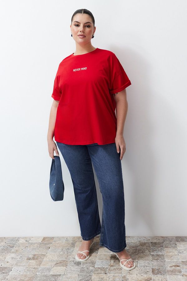 Trendyol Trendyol Curve Red Slogan Printed Oversize 100% Cotton Knitted Plus Size T-shirt