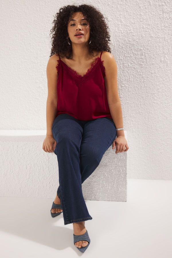 Trendyol Trendyol Curve Red Strap Lace Woven Plus Size Blouse