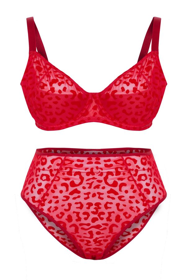 Trendyol Trendyol Curve Red Velvet Leopard Print High Waist Plus Size Lingerie Sets