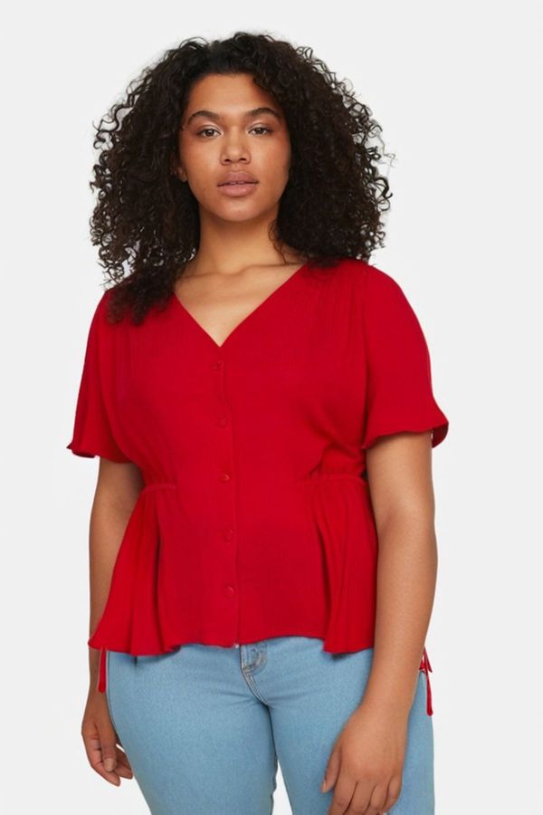 Trendyol Trendyol Curve Red Woven V-Neck Tie-Up Blouse