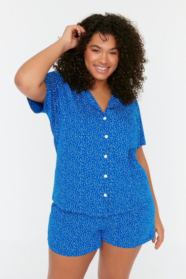 Trendyol Trendyol Curve Saks Polka Dot Shirt Collar Knitted Pajama Set