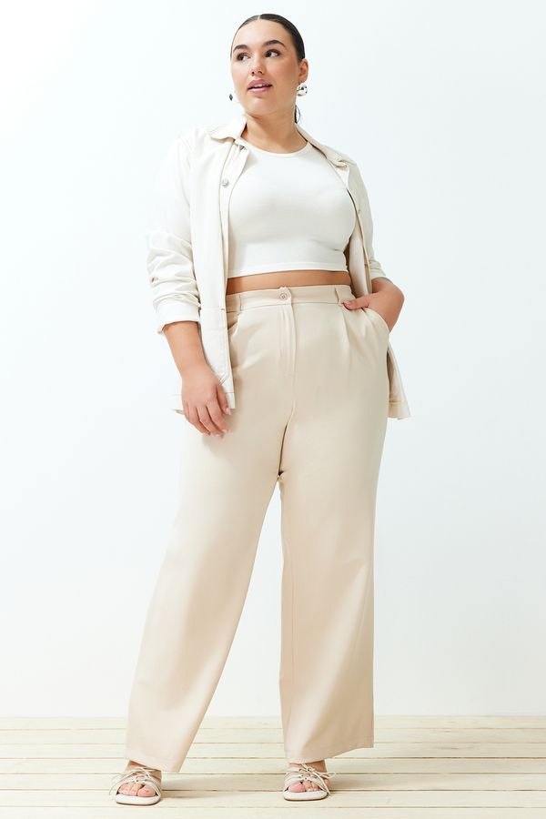 Trendyol Trendyol Curve Stone High Waist Wide Leg Wide Leg Pleated Woven Trousers