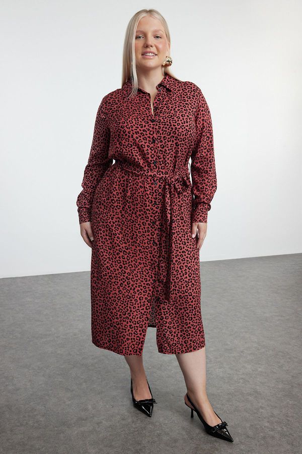 Trendyol Trendyol Curve Tile Leopard/Animal Patterned Woven Buttoned Belted Midi Plus Size Shirt Dress