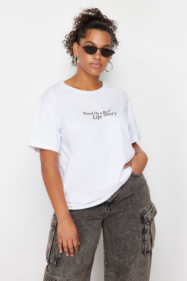 Trendyol Trendyol Curve White Printed Boyfriend 100% Cotton Knitted T-shirt