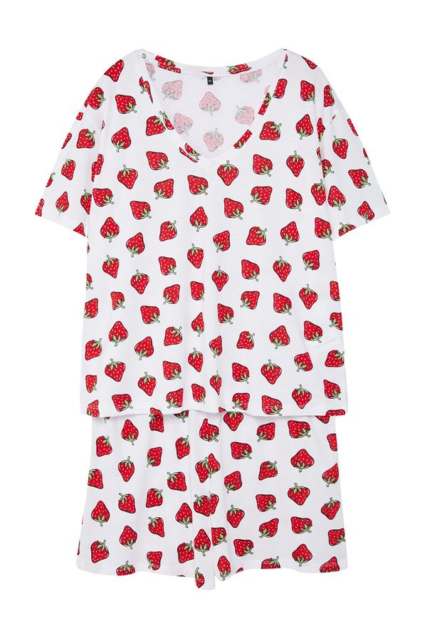 Trendyol Trendyol Curve White Strawberry Patterned V-Neck Knitted Pajama Set
