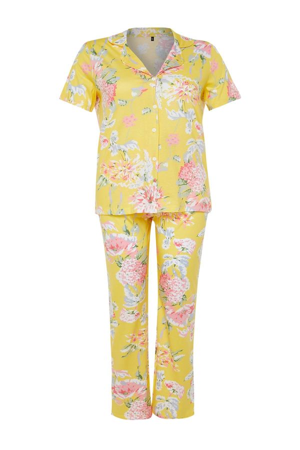 Trendyol Trendyol Curve Yellow Flower Patterned Shirt Collar Knitted Pajama Set