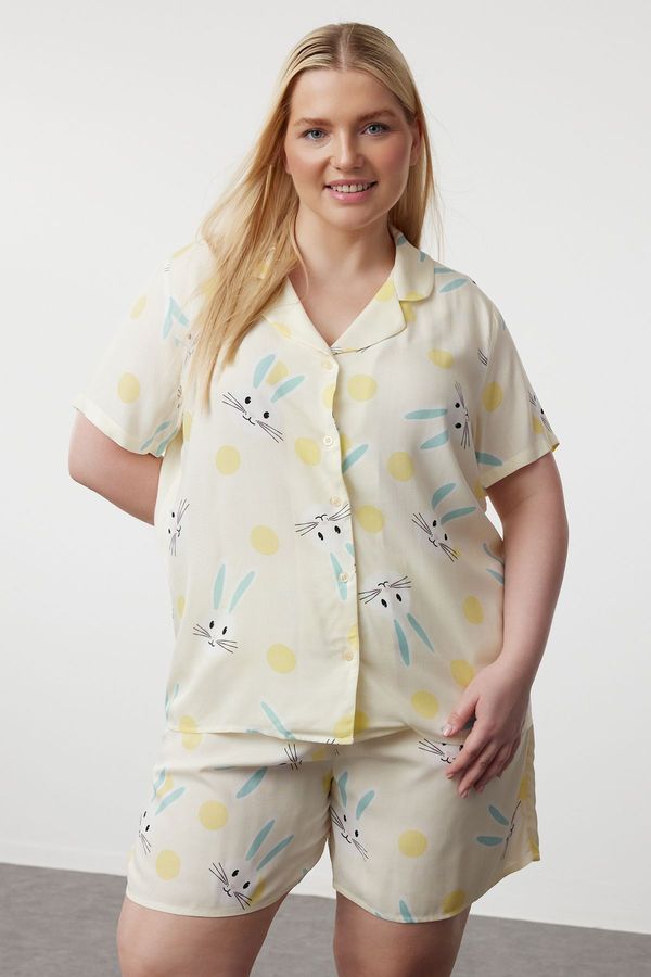 Trendyol Trendyol Curve Yellow Rabbit Printed Shirt Collar Woven Pajama Set