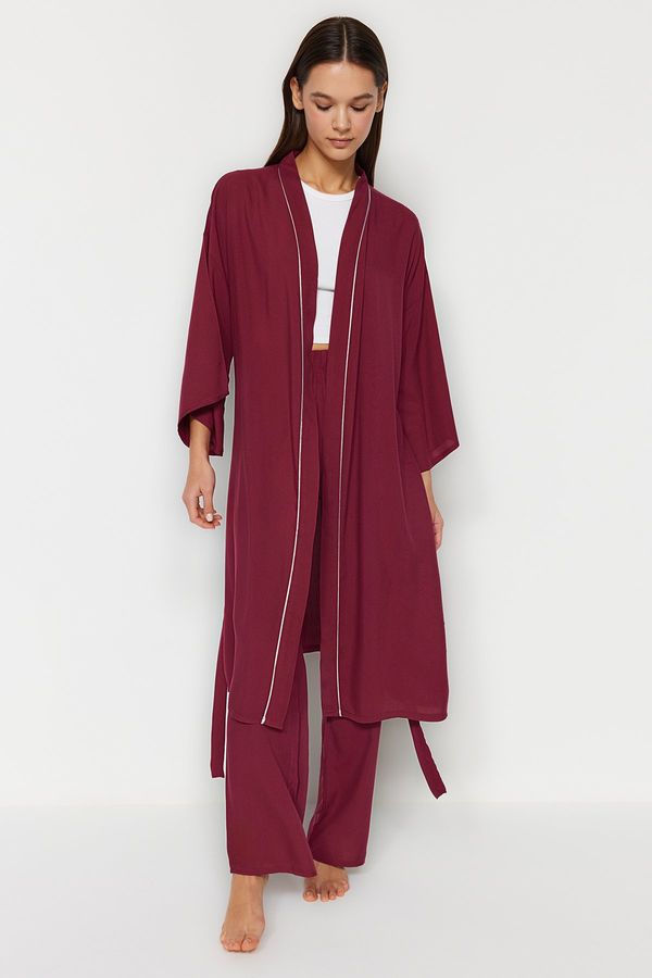 Trendyol Trendyol Damson 2-Piece Viscose Tie Dressing Gown-Pajama Bottom Woven Pajamas Set